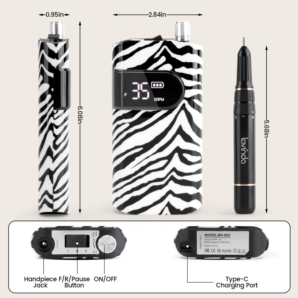 Wand™ Nail Drill - Zebra Print - 35,000 RPM Rechargeable